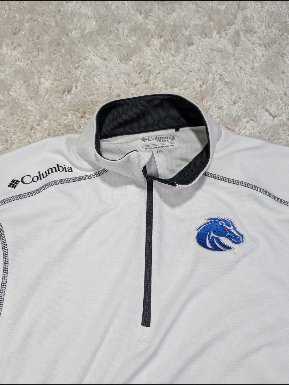 Columbia White Quarter-Zip Pullover with Blue Bronco Patch